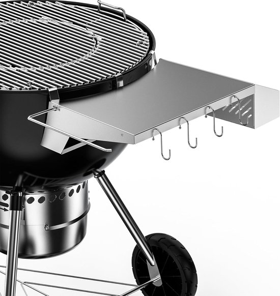 Barbecue Bijzettafel voor Weber 57 cm Ketelbarbecue & Master-Touch Houtskoolbarbecue, Opbergtafel Ketelgrill met Toiletrolhouder en 4 Haken voor Barbecuebestek, Roestvrije Stalen