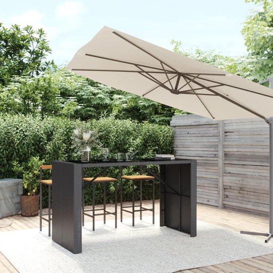 Bartafel met glasplaat, zwart, 185 x 80 x 110 cm, polyrotan