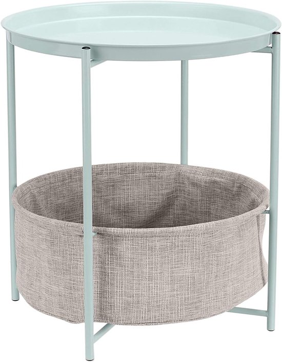 Basics Bijzettafeltje, rond, opslag, mintgroen, met lichtgrijze stof, 45 x 45 x 48 cm (D x B x H)