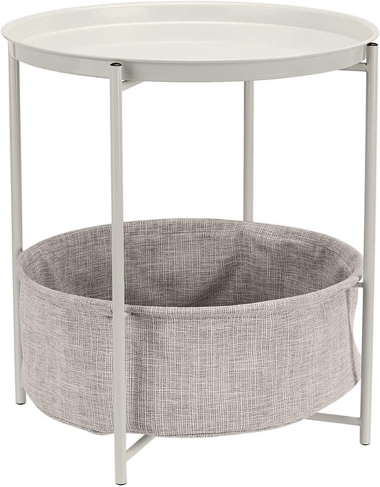Basics Bijzettafeltje, rond, opslag, wit, met lichtgrijze stof, 45 x 45 x 48 cm (D x B x H)