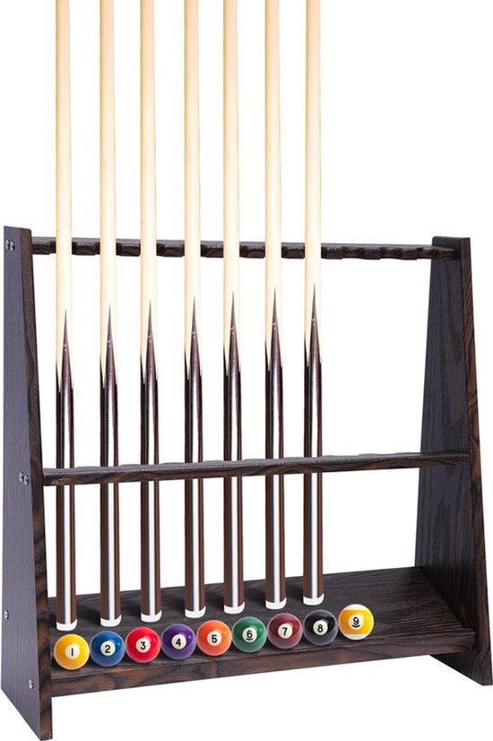 Bealive® Keu houder - Pool stick houder - geschikt voor 10 pool stokken - Biljart keu houder - Vloerstandaard biljart stokken - Donker bruin hout - 60 x 7 x 57 cm