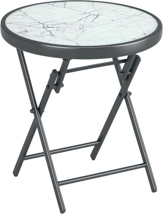 Beistelltisch klappbar, Klapptisch aus Glas mit Marmoroptik, kleiner Campingtisch, runder Sofatisch Balkontisch für Balkon Terrasse Wohnzimmer Büro, 45 x 45 x 50 cm, Dunkelgrau