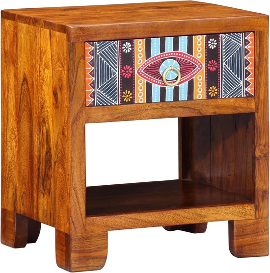 Bijzetkast 40 x 35 x 45 cm massief hout acacia met twee laden en planken, robuust mangohout opbergtafel voor woonkamer en slaapkamer, geometrisch design