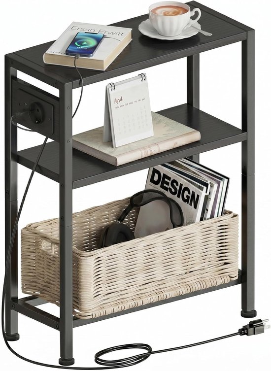 bijzetkast, klein nachtkastje, inktzwart, met 3 smalle planken, met opbergruimte voor bank, kleine ruimtes, woonkamer, slaapkamer, keuken, balkon (zwart)