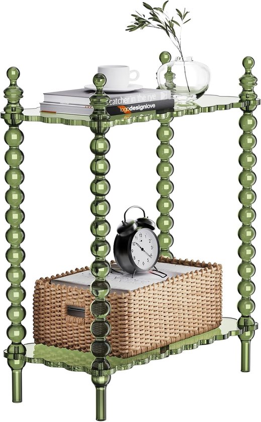 Bijzettafel 2-laags, helder nachtkastje met opslag, smalle nachtkastje eindtafel voor kleine ruimtes (groen, 20,6 "× 10,4 "× 26")