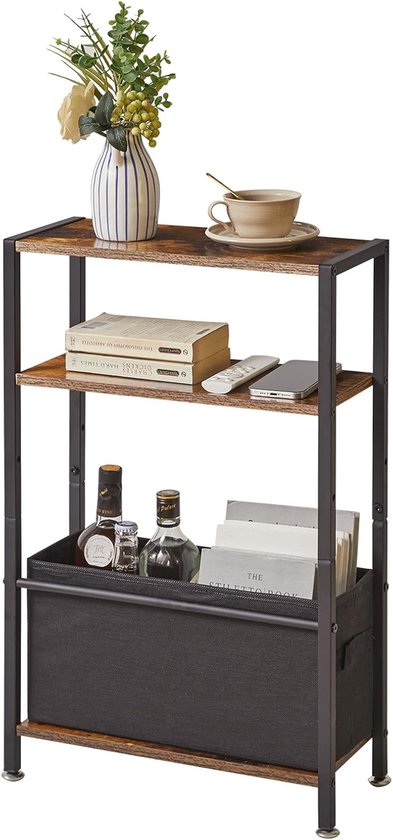Bijzettafel, 3-laags Kleine Smal Bijzettafel met Opbergplank, Slanke Bijzettafels met Stof Mandje voor Smal en Kleine Ruimtes, Rustiek Bruin, YD-TM052H