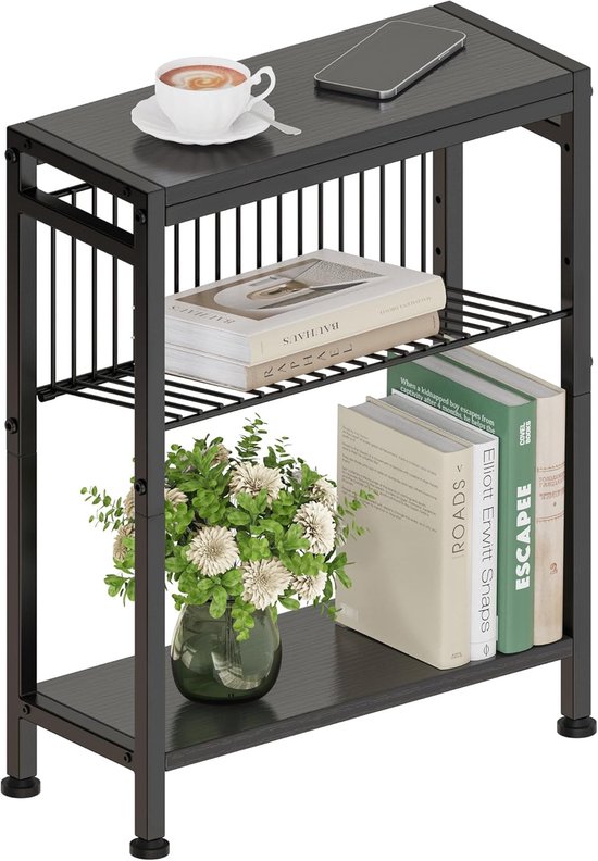 bijzettafel 3 planken nachtkastje smal met tijdschriftenhouder bijzettafel kleine salontafel voor woonkamer, slaapkamer keuken en balkon, werkkamer (1, Zwart)