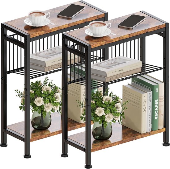 Bijzettafel 3 planken nachtkastje smal met tijdschriftenhouder bijzettafel kleine salontafel voor woonkamer, slaapkamer keuken en balkon, werkkamer (2, Retrokleur)