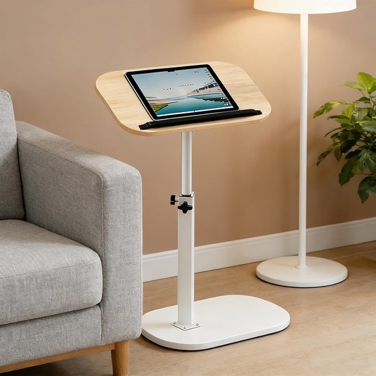 bijzettafel, 360° draaibare in hoogte verstelbare bijzettafel, salontafel voor smalle ruimtes, met sleuf voor telefoon en tablet, voor woonkamer, slaapkamer (geel hout)