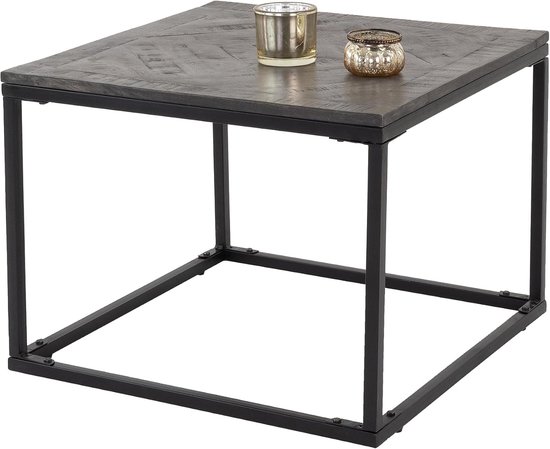 Bijzettafel 60x60cm Vierkant Grijs Natuurlijk Massief Hout Mangohout Visgraatmotief Metalen Frame Zwart Handgemaakte Woonkamer Tafel Salon Salontafel Houten voor Woonkamer