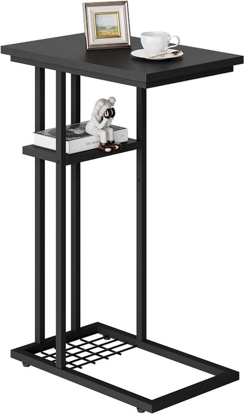 Bijzettafel, bankpunt, salontafel C-vorm met 2 etages, koffietafel, kleine metalen frame, industriële stijl voor woonkamer, slaapkamer, kantoor, 40 x 26 x 61,5 cm, zwart HST004B