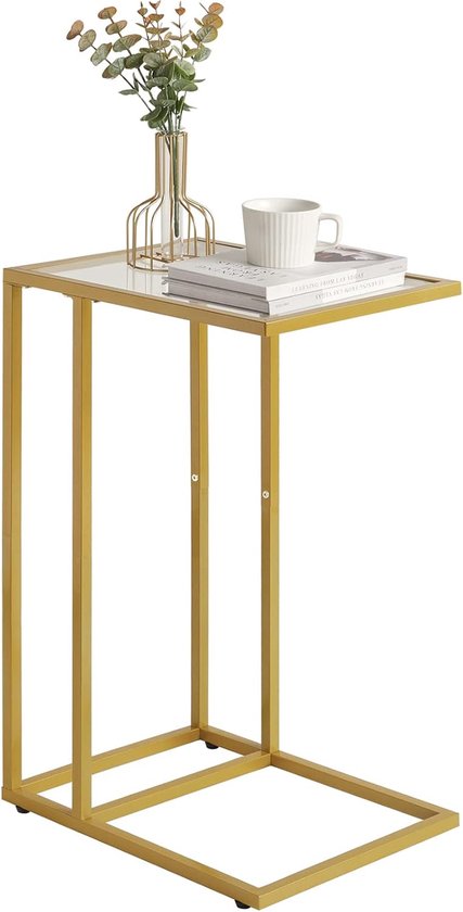 Bijzettafel, banktafel, laptoptafel, verzorgingstafel, glazen tafel met metalen frame, gehard glas, goudkleurig HGD001G