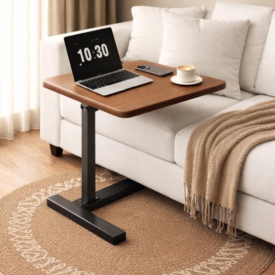 Bijzettafel, banktafel met wieltjes, C-vorm, mobiele koffietafel, 60 x 40 x 106 cm, woonkamertafel met metalen frame, voor koffie en laptop, industrieel design, bruin-zwart