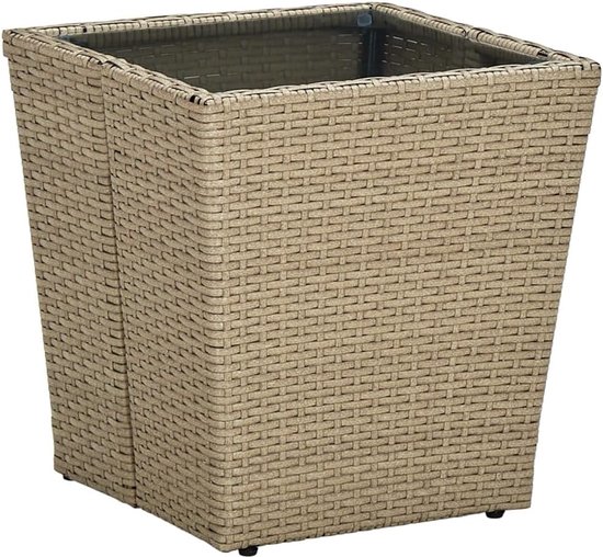 Bijzettafel, beige, 41,5 x 41,5 x 44 cm, van polyrotan en gehard glas, voor terras, tuin of buiten