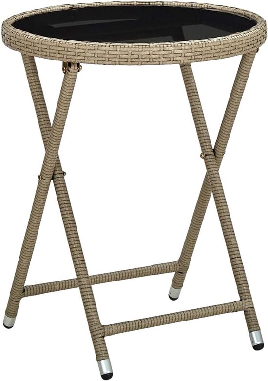 Bijzettafel, beige, 60 cm, polyrotan en gehard glas, tuin, terras, eettafel, campingtafel, partytafel, geschikt voor balkons, terrassen, dekken