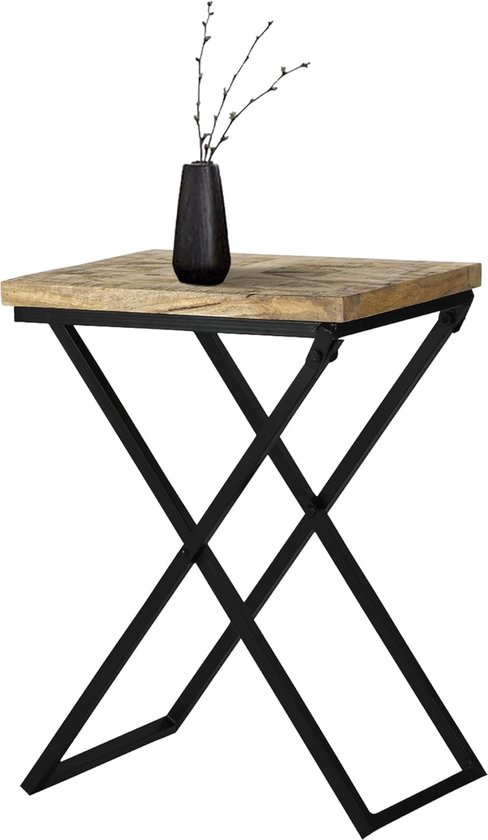 Bijzettafel Beino 48x35x63cm, Naturel/Zwart, Handgemaakt Massief Mangohout Met Metalen Frame, Industrieel Ontwerp, Salontafel Bartafel