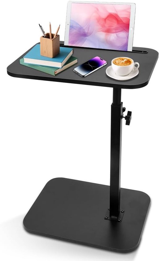 Bijzettafel C-vorm, 360° draaibaar en in hoogte verstelbaar banktafel, salontafel, woonkamertafel, koffietafel, zijtafel, bedtafel voor slaapkamer, bed, bed en kleine ruimtes (zwart)