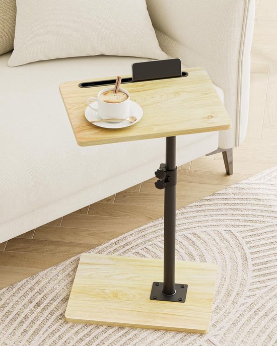 Bijzettafel C-vorm, 360 graden roterende salontafel klein, in hoogte verstelbaar, 40 x 30 x (45-81) cm, houten koffietafel, laptoptafel voor slaapkamer, woonkamer, kantoor (eiken)