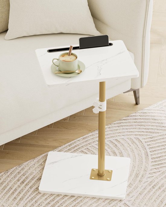 Bijzettafel C-vorm, 360 graden roterende salontafel klein, in hoogte verstelbaar, 40 x 30 x (45-81) cm, houten koffietafel, laptoptafel voor slaapkamer, woonkamer, kantoor (wit goud)