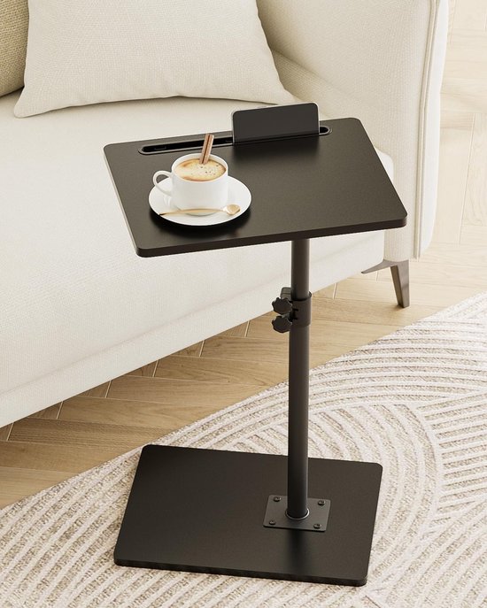 Bijzettafel C-vorm, 360 graden roterende salontafel klein, in hoogte verstelbaar, 40 x 30 x (45-81) cm, houten koffietafel, laptoptafel voor slaapkamer, woonkamer, kantoor (zwart)