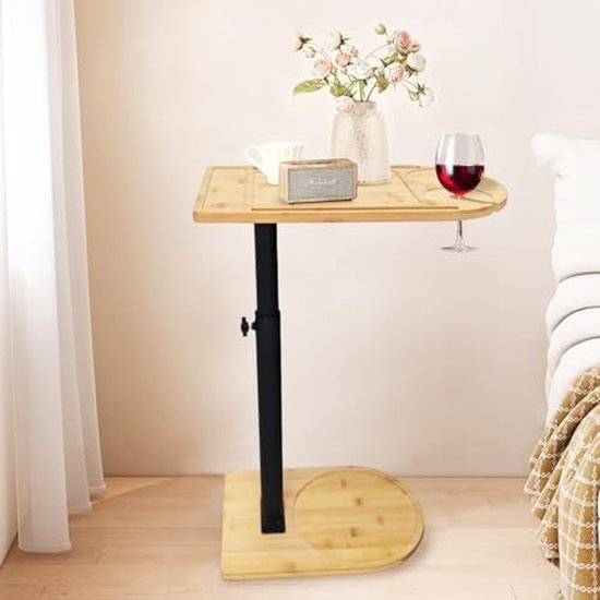 Bijzettafel C-vorm bamboe metaal in hoogte verstelbaar, tafel kleine zijtafel koffietafel bedtafel salontafel nachtkastje laptoptafel verzorgingstafel voor woonkamer slaapkamer badkamer stijl C