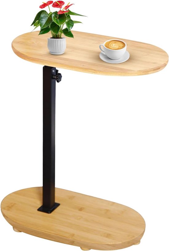 Bijzettafel, C-vorm, bamboe, metaal, modern, in hoogte verstelbaar, kleine bijzettafel, koffietafel, bedtafel, salontafel, nachtkastje, laptoptafel, verzorgingstafel voor woonkamer, slaapkamer
