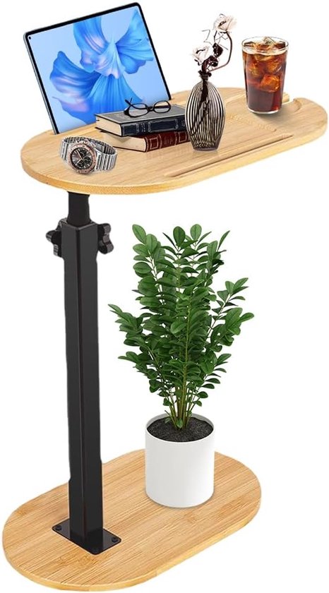 Bijzettafel C-vorm, bijzettafel, bank, in hoogte verstelbaar, 360 graden draaibaar, kleine bijzettafel, 40 x 22 cm, bamboe bijzettafels, kleine koffietafel met sleuf voor mobiele telefoon