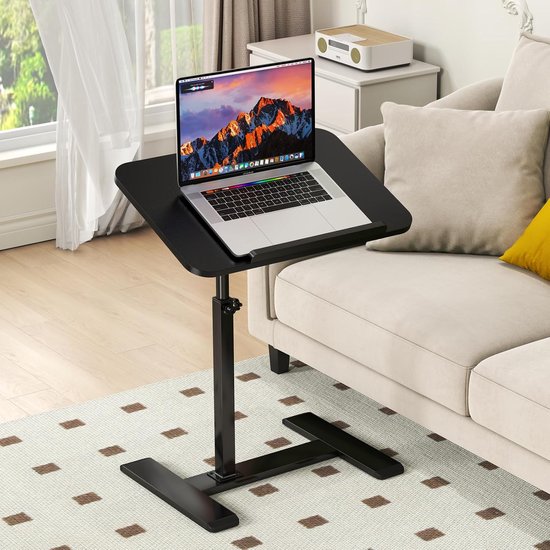 Bijzettafel C-vorm in hoogte verstelbaar, 360° draaibaar laptop stand sofa bijzettafel, mobiele salontafel hout kleine tafel (zwart)