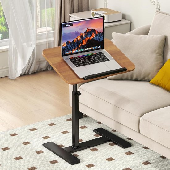 Bijzettafel C-vorm, in hoogte verstelbaar, 360 graden draaibaar, laptopstandaard, sofa, bijzettafel, mobiele salontafel, hout, kleine tafel (houtkleur)