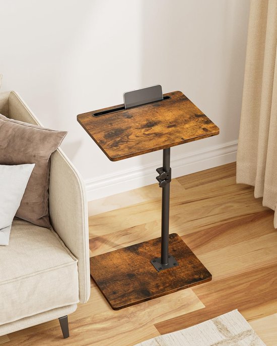 Bijzettafel, C-vorm, in hoogte verstelbaar, 360 graden roterende salontafel klein, 40 x 30 x (45-81) cm, houten koffietafel, laptoptafel voor slaapkamer, woonkamer, kantoor (rustiek bruin)