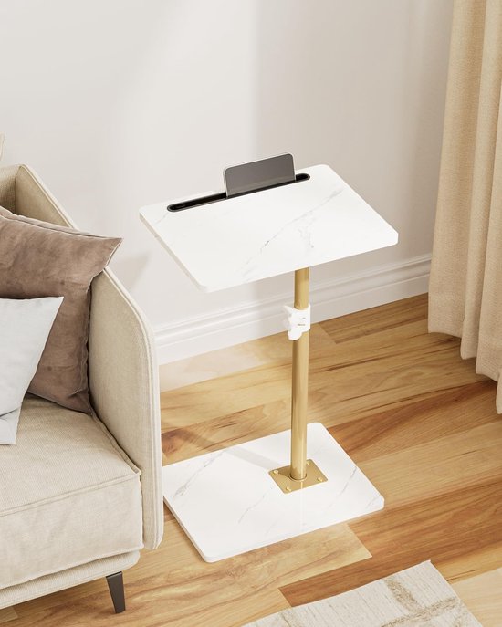 Bijzettafel, C-vorm, in hoogte verstelbaar, 360 graden roterende salontafel klein, 40 x 30 x (45-81) cm, houten koffietafel, laptoptafel voor slaapkamer, woonkamer, kantoor (wit goud)