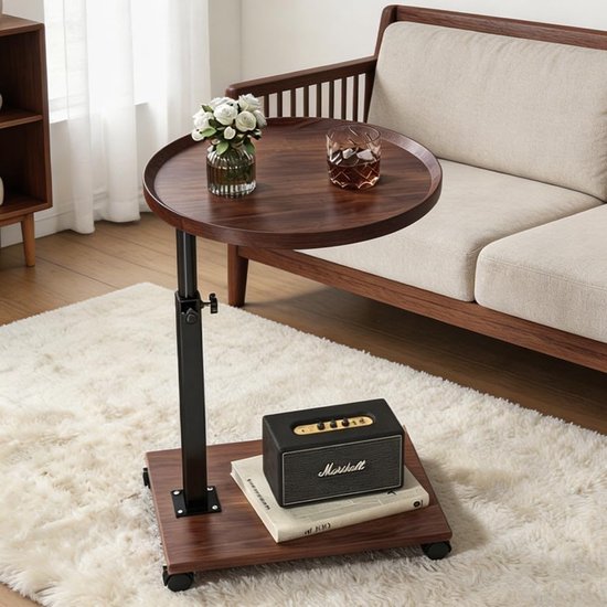 Bijzettafel C-vorm, in hoogte verstelbaar, 45-80 cm, met wieltjes, 360° draaibaar, houten salontafel, mobiele kleine bijzettafel, C-vorm, banktafel voor bank, woonkamer, slaapkamer (bruin)