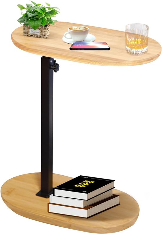 Bijzettafel C-vorm, in hoogte verstelbaar, kleine tafel, bamboe hout en metaal, salontafel, sofatafel, koffietafel, side table, sofa table, nachtkastje voor slaapkamer, badkamer, bed, bank en