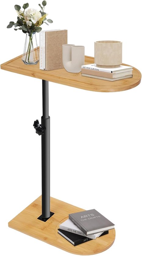 Bijzettafel, C-vorm, in hoogte verstelbaar, kleine tafel, bamboehout en metaal, salontafel, salontafel, koffietafel, bijzettafel, banktafel, bedtafel voor woonkamer, badkamer, bed, bank en koffie