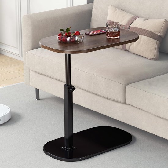 Bijzettafel C-vorm, kleine houten salontafel in hoogte verstelbaar, C-vorm, bijzettafel voor bank, moderne mobiele koffietafel, zijtafel voor woonkamer en slaapkamer (Black-a)