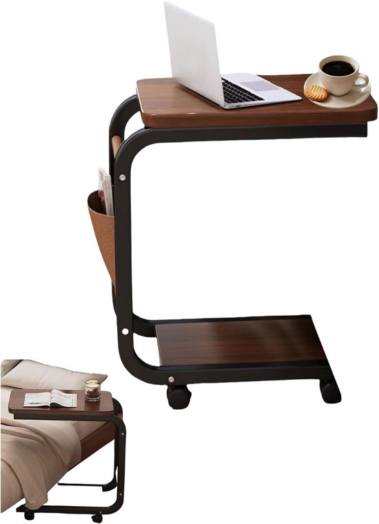 Bijzettafel C-vorm met 4 wielen (2 rembare) - salontafel met 2 niveaus & zijvak, mobiel en ruimtebesparend, in notenhout-look