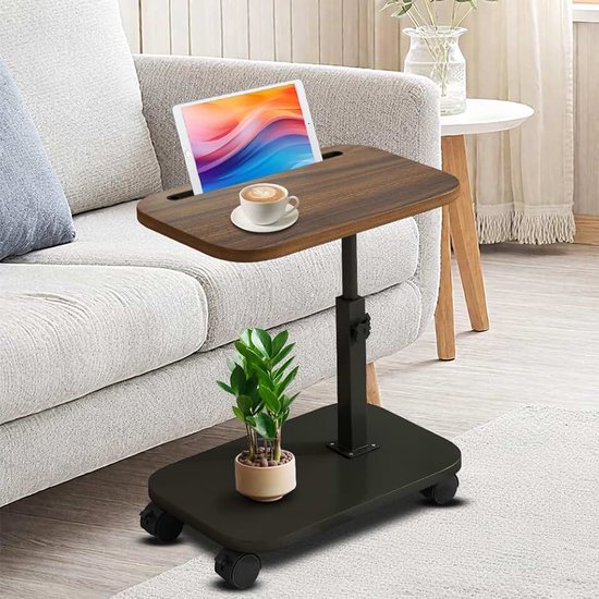 Bijzettafel C-vorm met wieltjes, 360° draaibare en in hoogte verstelbare salontafel, koffietafel, zijtafel, sofa, tafel, bedtafel voor woonkamer, slaapkamer, badkamer, bed (walnoot)