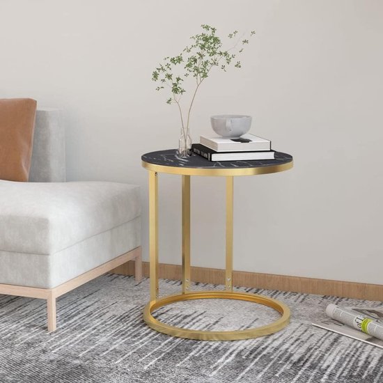Bijzettafel, consoletafel, salontafel, salontafel, woonkamertafel, bijzettafel, theetafel, geschikt voor woonkamer, slaapkamer, kantoor, hal, gouden en zwarte marmerlook, 45 cm, gehard glas