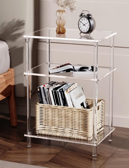 bijzettafel, doorzichtige bijzettafel met 3 niveaus, voor woonkamer, kantoor, hal, slaapkamer, klein nachtkastje