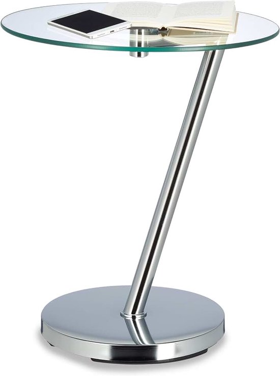 Bijzettafel glas, ronde koffie tafel, op 1 poot, kleine salontafel, H x Ø : ca. 52 x 45 cm, zilver