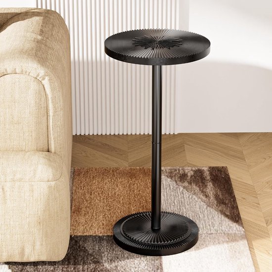 Bijzettafel, houten bijzettafel, salontafel met gesneden, kleine dranktafel, rond, voor kleine ruimtes, woonkamer, slaapkamer, hoeken, 30 cm Ø x 60 cm hoog, zwart