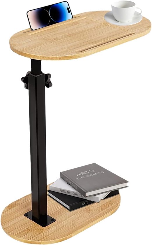 Bijzettafel in C-vorm, 360 graden draaibaar, in hoogte verstelbaar, kleine tafel van bamboe en metaal, koffietafel voor smalle ruimtes, bijzettafel