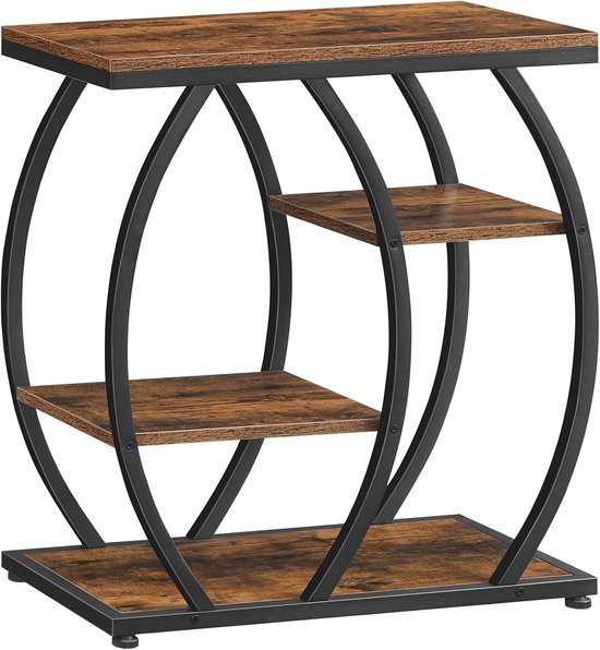 Bijzettafel in industriële stijl, smalle salontafel met 4 planken, nachtkastje met vintage houtlook blad en metalen frame, vintage bruin en zwart EBF164BZ01