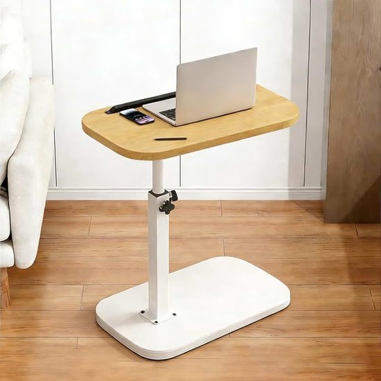 Bijzettafel, instelbare hoogte – hoogte van 45–80 cm – metalen frame en houten plaat – veelzijdig als nachtkastje, salontafel en laptoptafel (natuurlijke houtkleur)