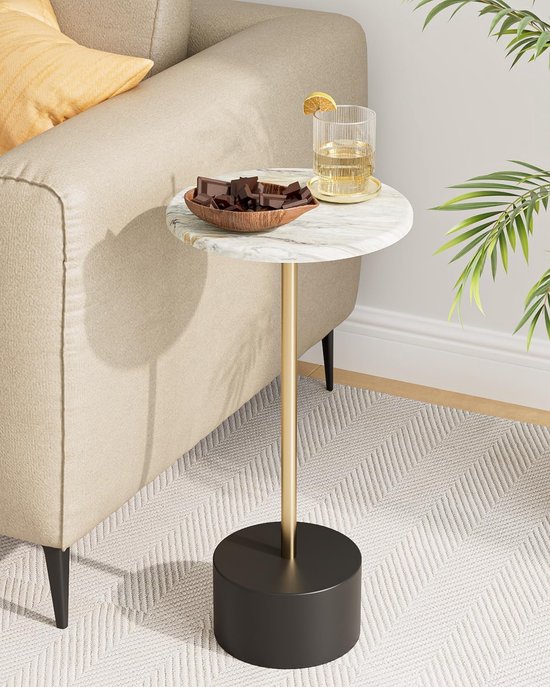 Bijzettafel, kleine ronde cocktailtafel, witte salontafel met marmerpatroon, dranktafel voor kleine ruimtes, woonkamer, slaapkamer, wit, zwart en goud