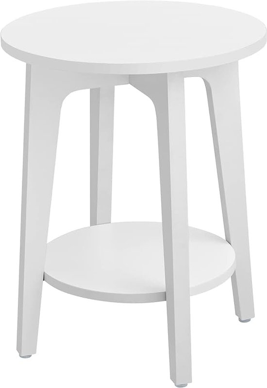 Bijzettafel, kleine ronde tafel voor woonkamer, nachtkastje voor kleine ruimtes met onderste plank, moderne stijl, wit LET283T14