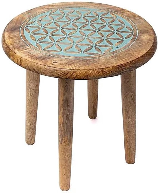 Bijzettafel, levensbloem, blauw, van mangohout, rond, diameter 30 cm x hoogte 31 cm, 1665 g, houten kruk met 4 poten, plantenkruk, decoratieve tafel, altaartafel voor edelstenen, meditatie