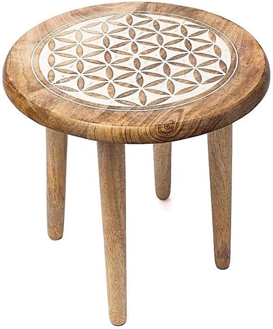 Bijzettafel, levensbloem, wit, van mangohout, rond, diameter 30 cm x