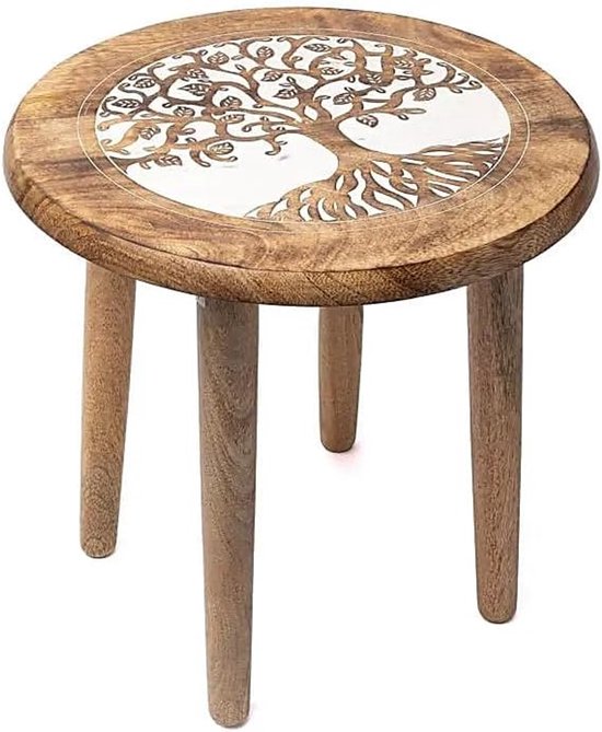 Bijzettafel levensboom van mangohout, rond, diameter 30 cm x hoogte 31 cm, 1665 g, houten kruk met 4 poten, plantenkruk, decoratieve tafel, altaartafel voor edelstenen, meditatie
