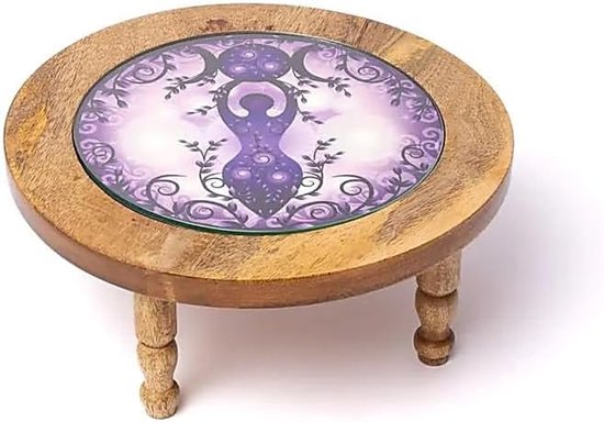 Bijzettafel maangodin van mangohout met glas Ø 30 cm, hoogte 12,5 cm, gewicht 1,45 kg – Spirituele Altaar-tafel voor kristallen, edelstenen, meditatie, yoga en decoratie